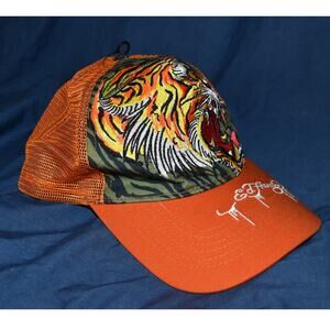 Ed Hardy Screaming Tiger Trucker Snapback Mesh Hat Baseball Cap Orange Y2K